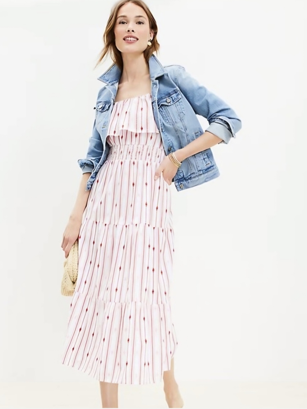 LOFT Striped Ruffle Strappy Smocked Cotton Midi Dress - XS